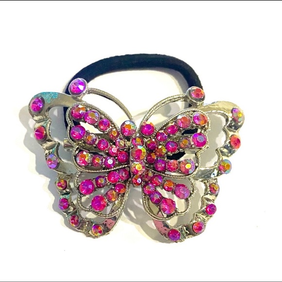 Ponytail Holder Brooch Pink Rhinestones 2 In 1 Butterfly - Picture 1 of 2